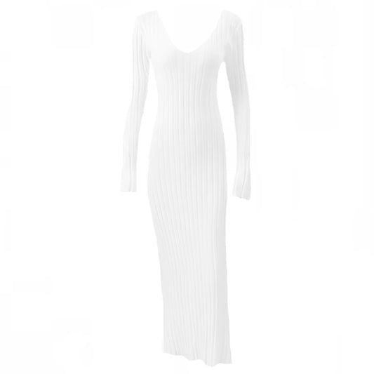 White Knitted Long Sleeve Maxi Dress
