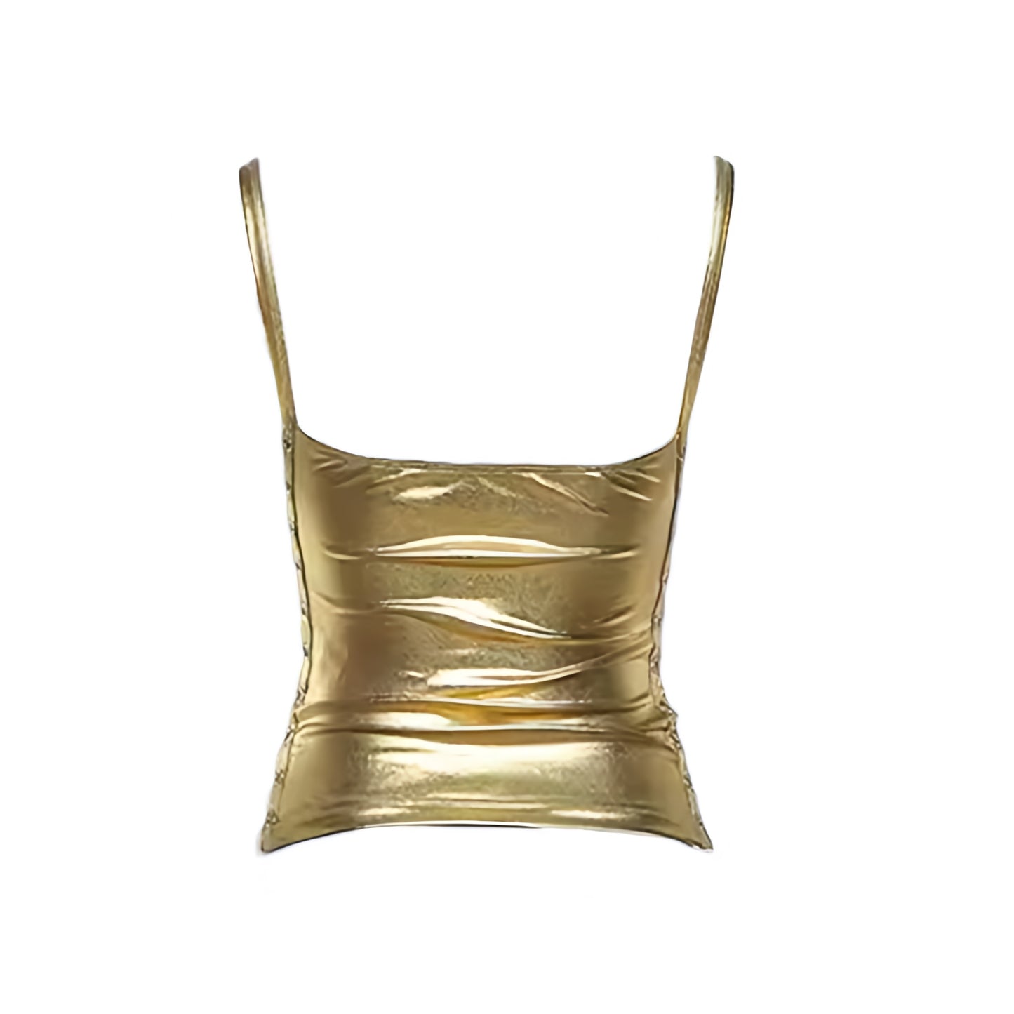 Gold metallic lace-up corset tank top with shiny shimmery finish, slim fit skinny fit fitted bandage bustier silhouette, spaghetti straps, sleeveless square neckline, cut out hollow out details, cropped tank top, Y2K bandage top, womens fashion, 2000s style, party outfit, clubwear, disco outfit, Ibiza outfit, rave top, festival outfit, rockstar style and futuristic glam outfit.
