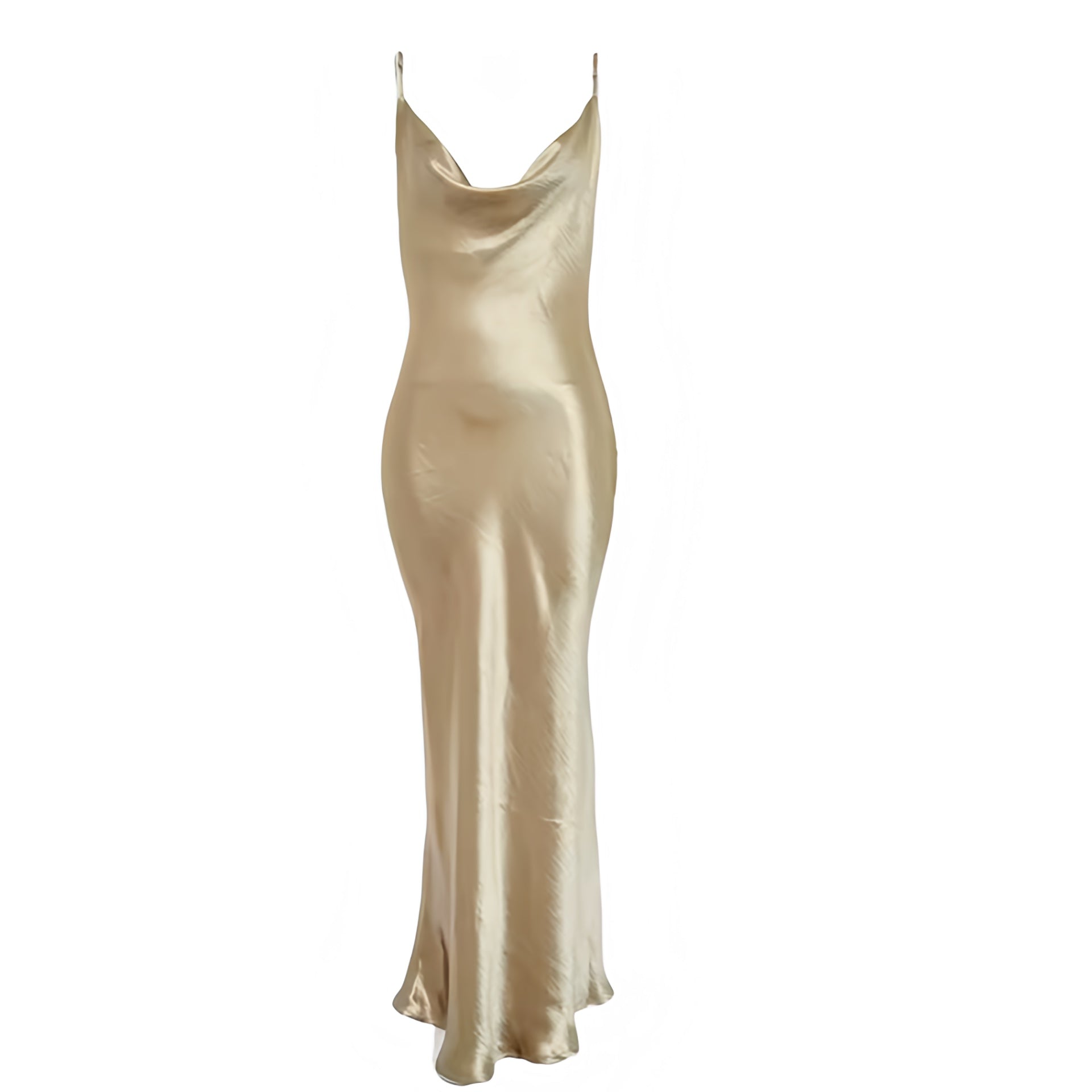 Gold metallic shiny shimmery bodycon plunge neck backless slip maxi dress with slim fit skinny fit silhouette, ruched detailing, spaghetti straps, sleeveless design, V neck, plunging neckline, cowl neckline, open back, cut out and hollow out details, long dress gown style for Y2K, 2000s fashion, party, cocktail, club, Ibiza, NYE, festival and futuristic glam outfits.