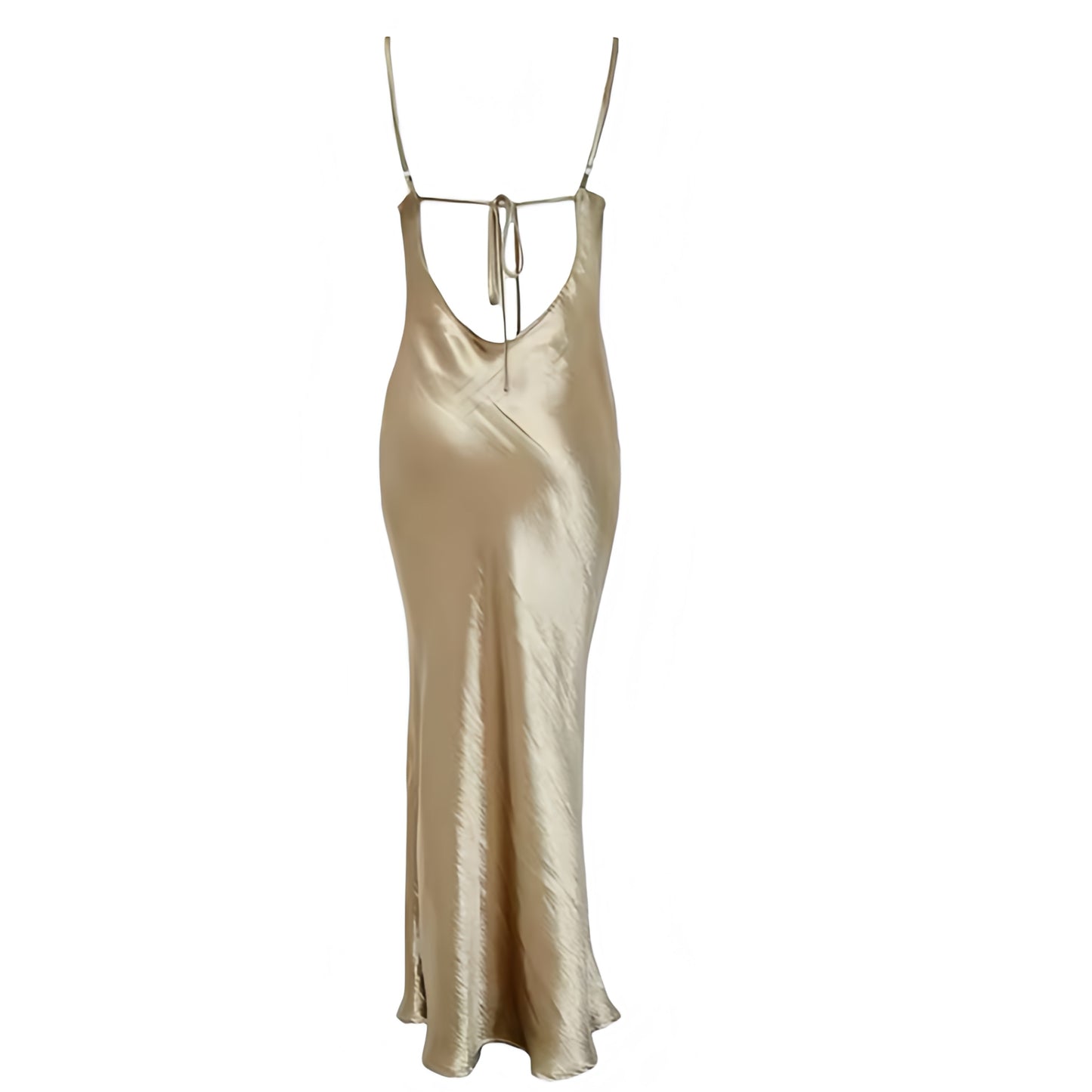 Gold metallic shiny shimmery bodycon plunge neck backless slip maxi dress with slim fit skinny fit silhouette, ruched detailing, spaghetti straps, sleeveless design, V neck, plunging neckline, cowl neckline, open back, cut out and hollow out details, long dress gown style for Y2K, 2000s fashion, party, cocktail, club, Ibiza, NYE, festival and futuristic glam outfits.