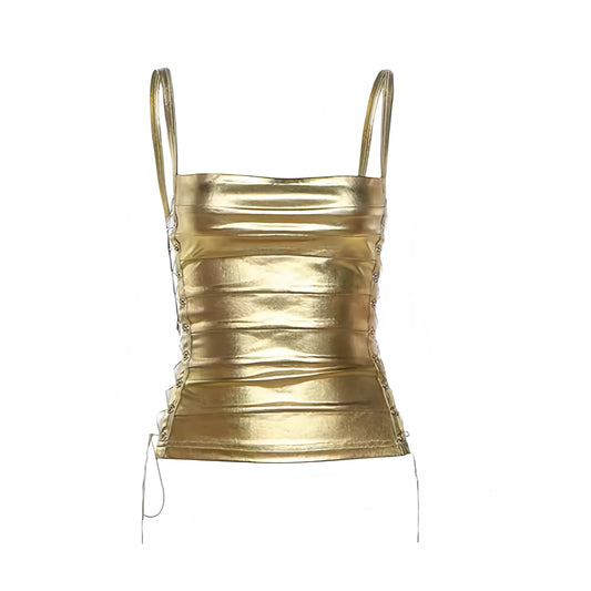 Gold metallic lace-up corset tank top with shiny shimmery finish, slim fit skinny fit fitted bandage bustier silhouette, spaghetti straps, sleeveless square neckline, cut out hollow out details, cropped tank top, Y2K bandage top, womens fashion, 2000s style, party outfit, clubwear, disco outfit, Ibiza outfit, rave top, festival outfit, rockstar style and futuristic glam outfit.
