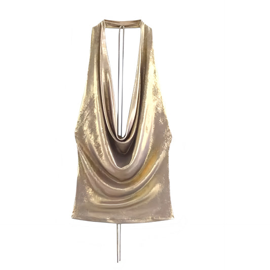 Gold metallic shiny shimmery V-neck backless halter top with slim fit skinny fit silhouette, ruched fabric, plunging neckline, cowl neckline, sleeveless design, open back, cut out and hollow out details, cropped tank top and camisole style for Y2K fashion, 2000s style, party, club, Ibiza, rave, festival, futuristic glam, cyberpunk, rockstar and baddie outfits.