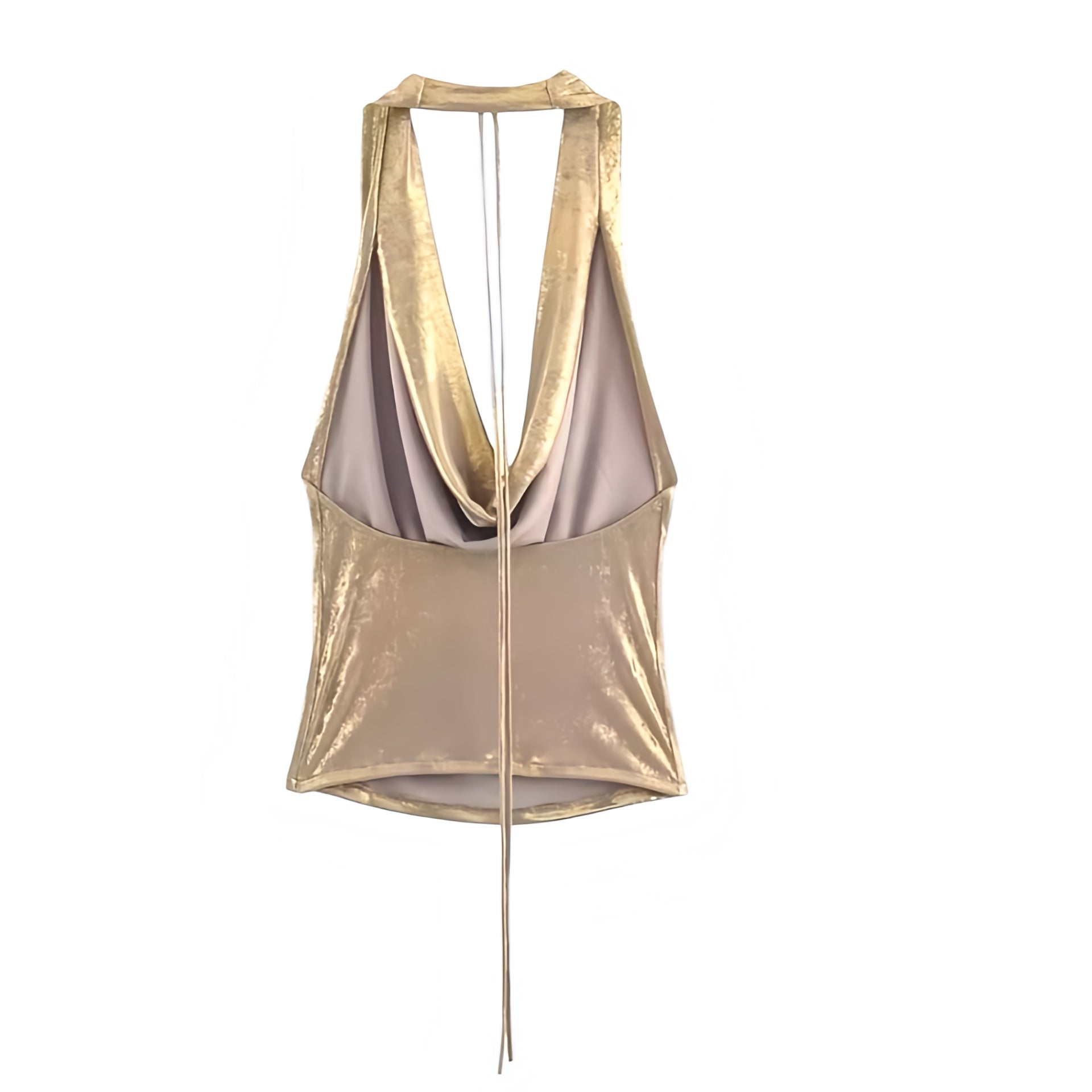 Gold metallic shiny shimmery V-neck backless halter top with slim fit skinny fit silhouette, ruched fabric, plunging neckline, cowl neckline, sleeveless design, open back, cut out and hollow out details, cropped tank top and camisole style for Y2K fashion, 2000s style, party, club, Ibiza, rave, festival, futuristic glam, cyberpunk, rockstar and baddie outfits.