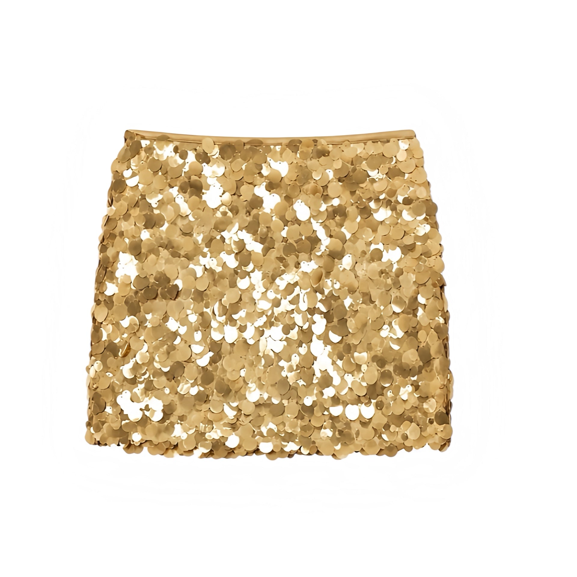 Gold sequin embellished slim fit low-rise mini skirt with sparkly, shimmery, glittery and beaded detailing. Gold bodycon skinny fit short skirt with low rise, low-waisted silhouette, pencil skirt and A line styling. Perfect for women, teens and ladies wearing Y2K style, 2000s fashion, party outfits, night out outfits, going out outfits, club wear, clubbing outfits, disco outfits, star girl aesthetic, star girl outfits, rave shorts, festival outfits, concert outfits, Ibiza style, sparkly party outfit.