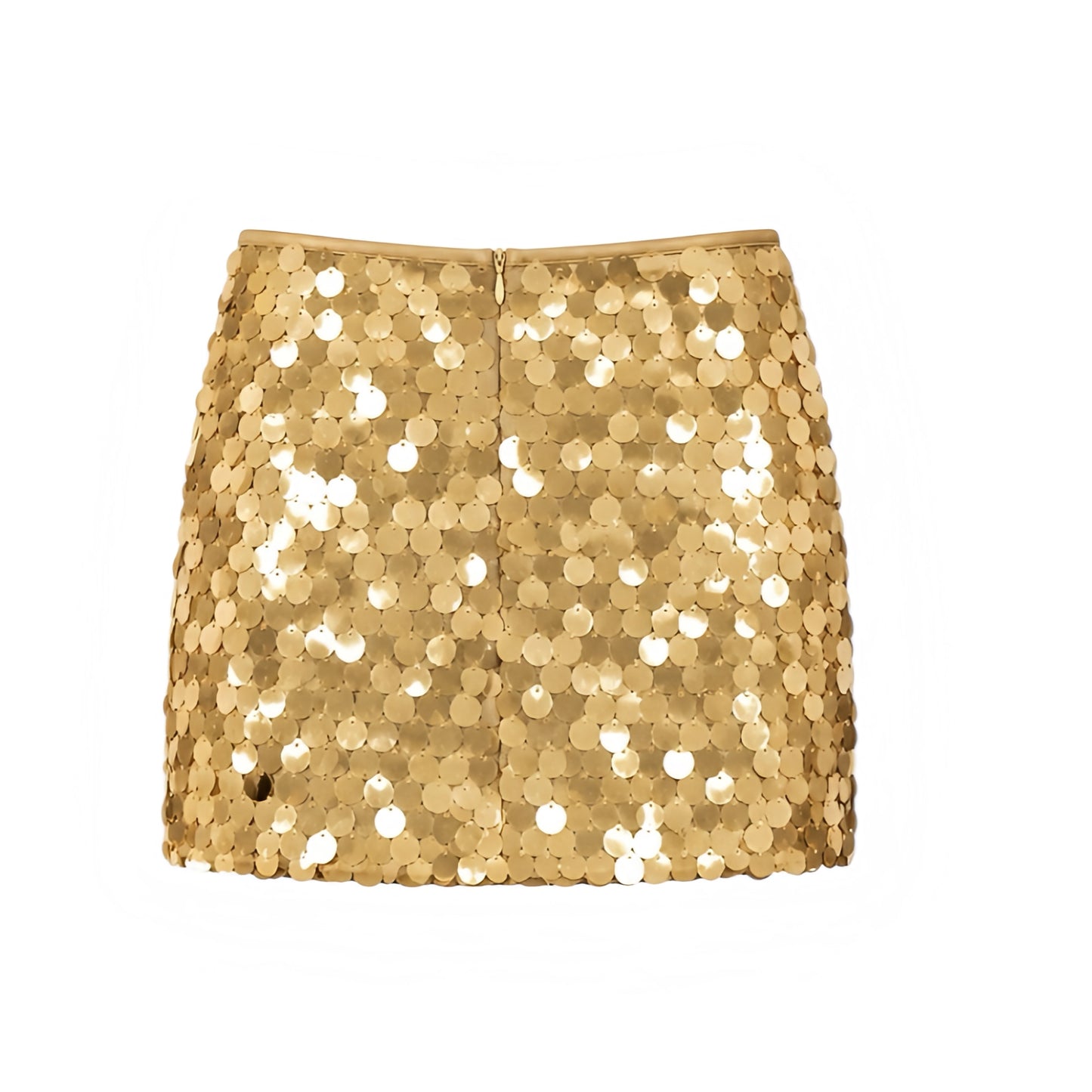 Gold sequin embellished slim fit low-rise mini skirt with sparkly, shimmery, glittery and beaded detailing. Gold bodycon skinny fit short skirt with low rise, low-waisted silhouette, pencil skirt and A line styling. Perfect for women, teens and ladies wearing Y2K style, 2000s fashion, party outfits, night out outfits, going out outfits, club wear, clubbing outfits, disco outfits, star girl aesthetic, star girl outfits, rave shorts, festival outfits, concert outfits, Ibiza style, sparkly party outfit.