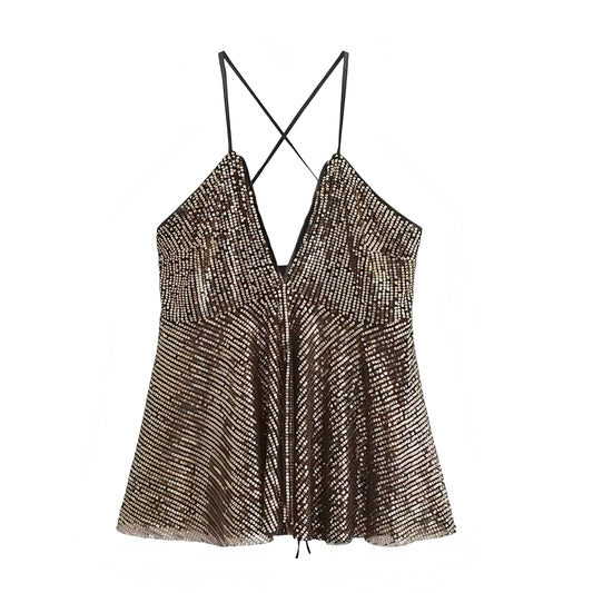Gold black sequin embellished metallic slim fit v-neck spaghetti strap sleeveless backless cross back peplum flowy camisole crop tank top blouse for women teens chic boho Ibiza style Y2K sexy it girl that girl trendy summer vacation rave concert festival party club fashion 2025 with global international shipping USA Canada UK Europe Asia Australia