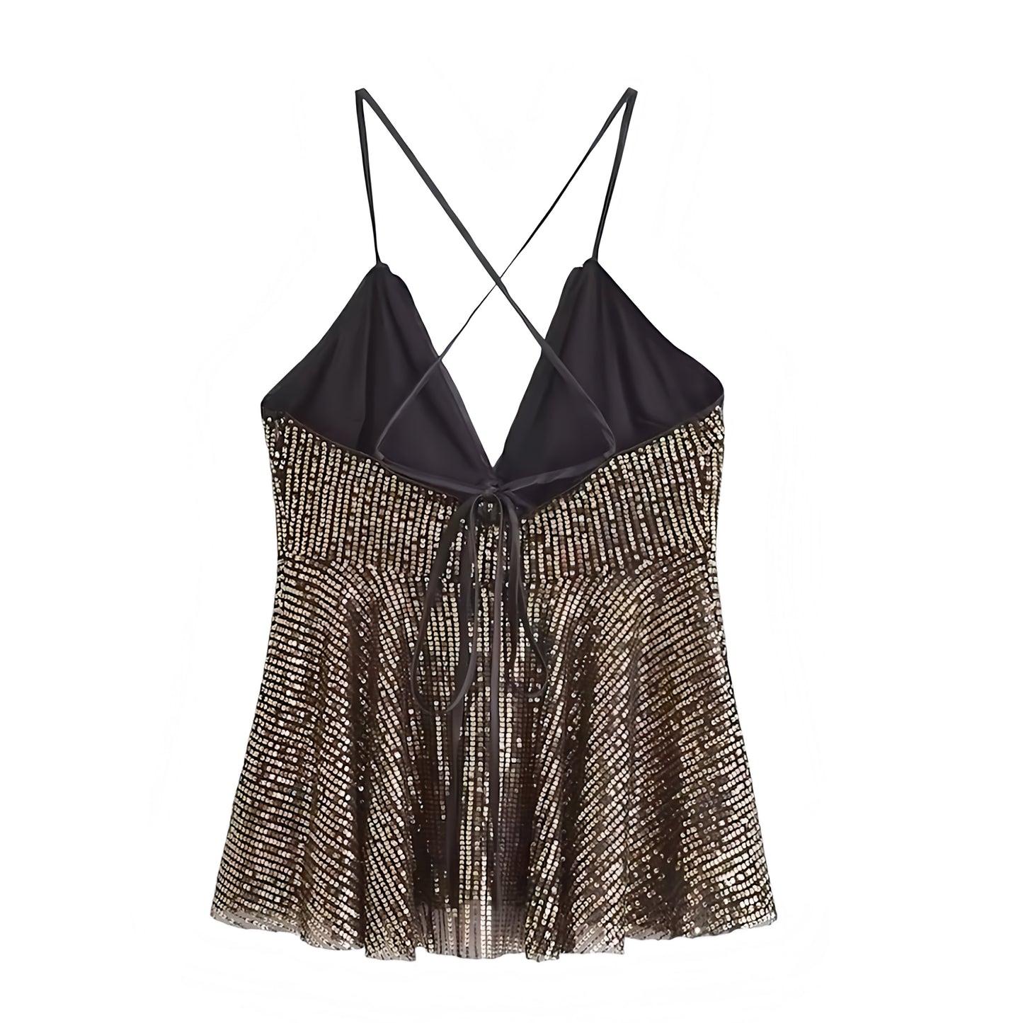Gold black sequin embellished metallic slim fit v-neck spaghetti strap sleeveless backless cross back peplum flowy camisole crop tank top blouse for women teens chic boho Ibiza style Y2K sexy it girl that girl trendy summer vacation rave concert festival party club fashion 2025 with global international shipping USA Canada UK Europe Asia Australia