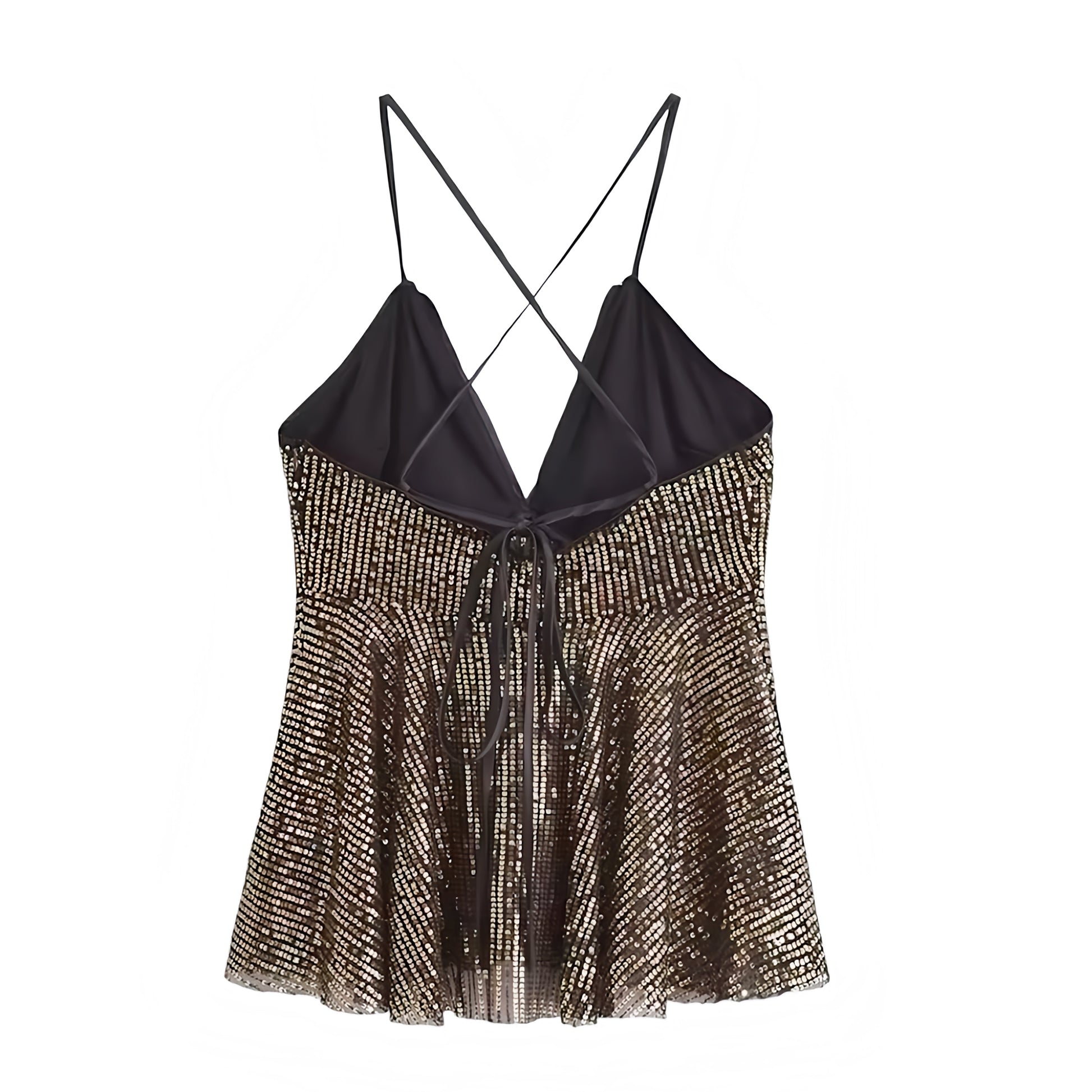 Gold black sequin embellished metallic slim fit v-neck spaghetti strap sleeveless backless cross back peplum flowy camisole crop tank top blouse for women teens chic boho Ibiza style Y2K sexy it girl that girl trendy summer vacation rave concert festival party club fashion 2025 with global international shipping USA Canada UK Europe Asia Australia