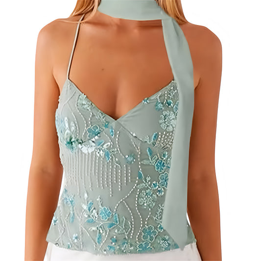 Green floral beaded sequin embellished v-neck halter scarf crop tank top slim fit sleeveless backless 3D flower patterned chic boho Ibiza style euro summer rave festival concert clubwear sexy trendy 2025 women teens it girl that girl with global shipping USA Canada UK Australia Europe Asia