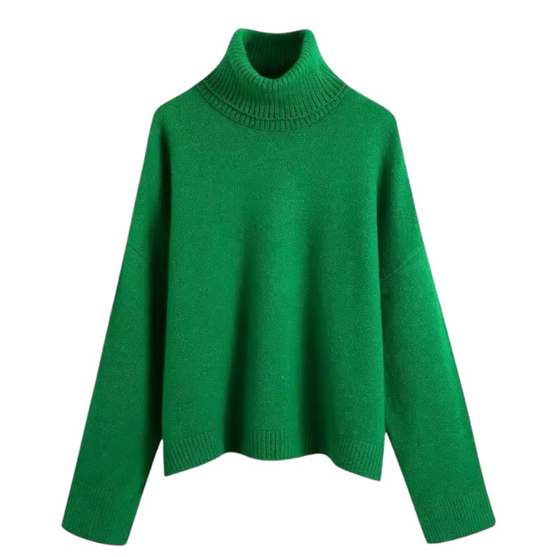 Green knit long sleeve turtleneck pullover sweater for women and teens, woolen chunky knit soft fuzzy cozy warm thick oversized jumper, elegant feminine trendy chic casual preppy streetwear knitwear for fall autumn winter 2025, Zara dupe and Aritzia-inspired Scandinavian après ski sweater, with global worldwide shipping to US UK Canada Australia Europe and Asia from Dazey Hill.