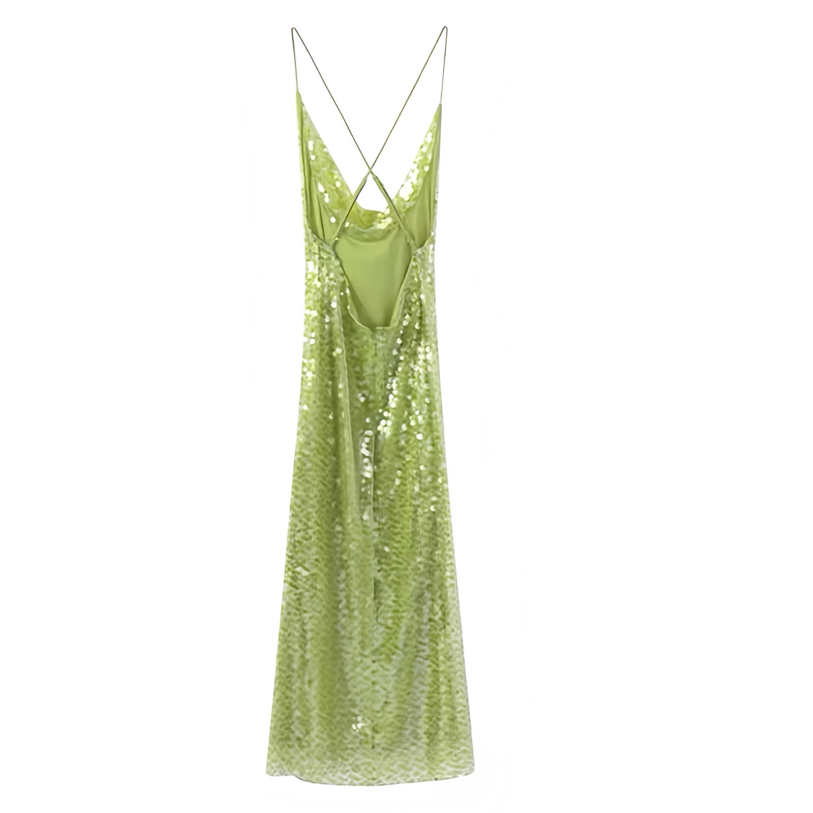 Green sequin embellished bodycon V-neck maxi slip dress with ruched backless design, spaghetti straps, sleeveless slim fit evening gown for women and teens, sexy feminine chic Euro summer 2025 Ibiza style party, club, rave, concert, vacation, mermaid core, boho, and bohemian festival fashion. Ships to USA, UK, Canada, Europe, and Australia.