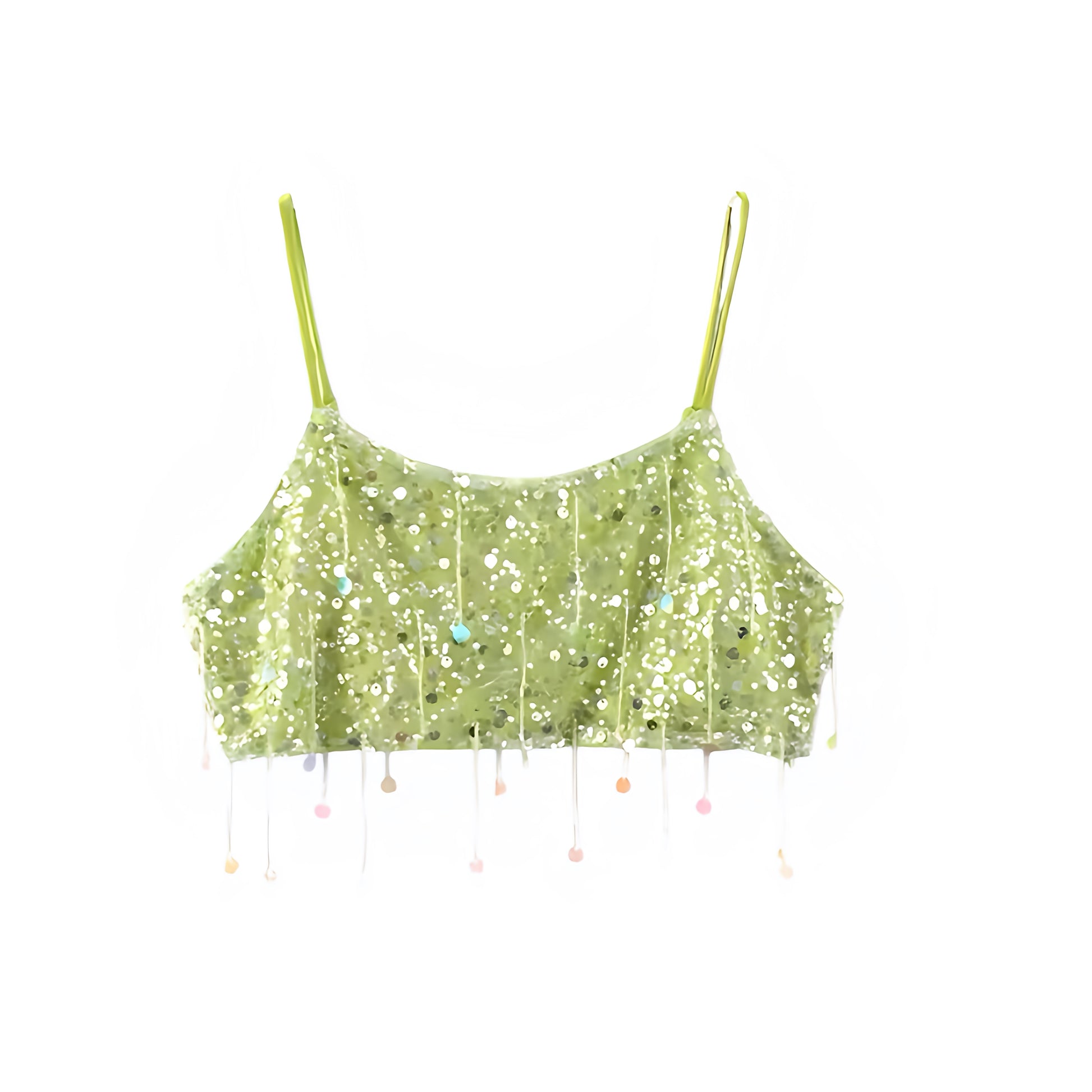 Green sequin tassel embellished spaghetti strap sleeveless backless crop tank top for women and teens, sexy chic feminine summer 2025 party top, Ibiza style mermaid core boho bohemian rave and concert crop, trendy Euro summer vacation outfit with global shipping to USA, Canada, UK, Europe, and Australia.