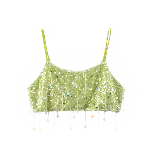 Green sequin tassel embellished spaghetti strap sleeveless backless crop tank top for women and teens, sexy chic feminine summer 2025 party top, Ibiza style mermaid core boho bohemian rave and concert crop, trendy Euro summer vacation outfit with global shipping to USA, Canada, UK, Europe, and Australia.