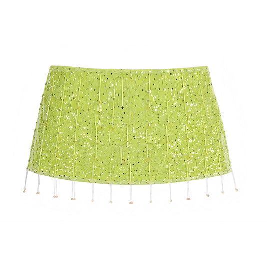 Green sequin tassel embellished low-rise slim fit sheath pencil short mini skirt, shimmering sequin party skirt for women and teens, sexy chic feminine festival and rave skirt, Ibiza style boho bohemian Euro summer 2025 vacation outfit, mermaid core trendy night-out skirt with global shipping to USA, Canada, UK, Europe, and Australia.