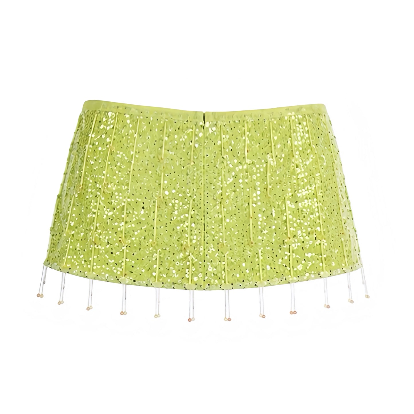 Green sequin tassel embellished low-rise slim fit sheath pencil short mini skirt, shimmering sequin party skirt for women and teens, sexy chic feminine festival and rave skirt, Ibiza style boho bohemian Euro summer 2025 vacation outfit, mermaid core trendy night-out skirt with global shipping to USA, Canada, UK, Europe, and Australia.