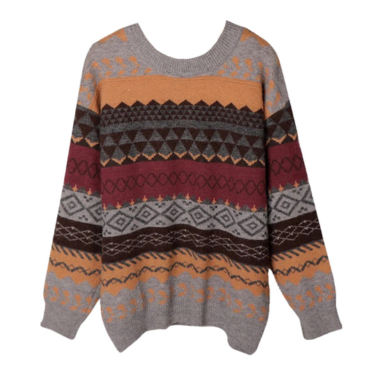 Grey knit geometric oversized pullover sweater featuring autumnal tones of charcoal grey, orange, camel brown, dark brown, burgundy red, and Nordic Fair Isle patterns with diamond motifs, triangle patterns, and boho Scandinavian linework. Cozy soft chunky knit long sleeve crewneck relaxed fit jumper for women and teens. Winter holiday sweater perfect for everyday, casual, retro, vintage, boho, and apres ski outfits. Global worldwide shipping available.

