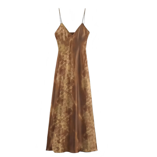 Hazel Tie-Dye Satin Bodycon V-Neck Spaghetti Strap Backless Maxi Slip Dress. Brown multicolor patterned tie-dye satin dress with slim fit silhouette, sexy bodycon cut, sleeveless spaghetti straps, deep V-neckline, and elegant maxi slip design. Perfect for women, ladies, and teens looking for chic feminine fashion for holidays, vacations, sorority rush, prom, hoco, homecoming, evening events, parties, night out, going out, and trendy resort wear. Ships worldwide to US, UK, Canada, Australia, Europe, Asia 