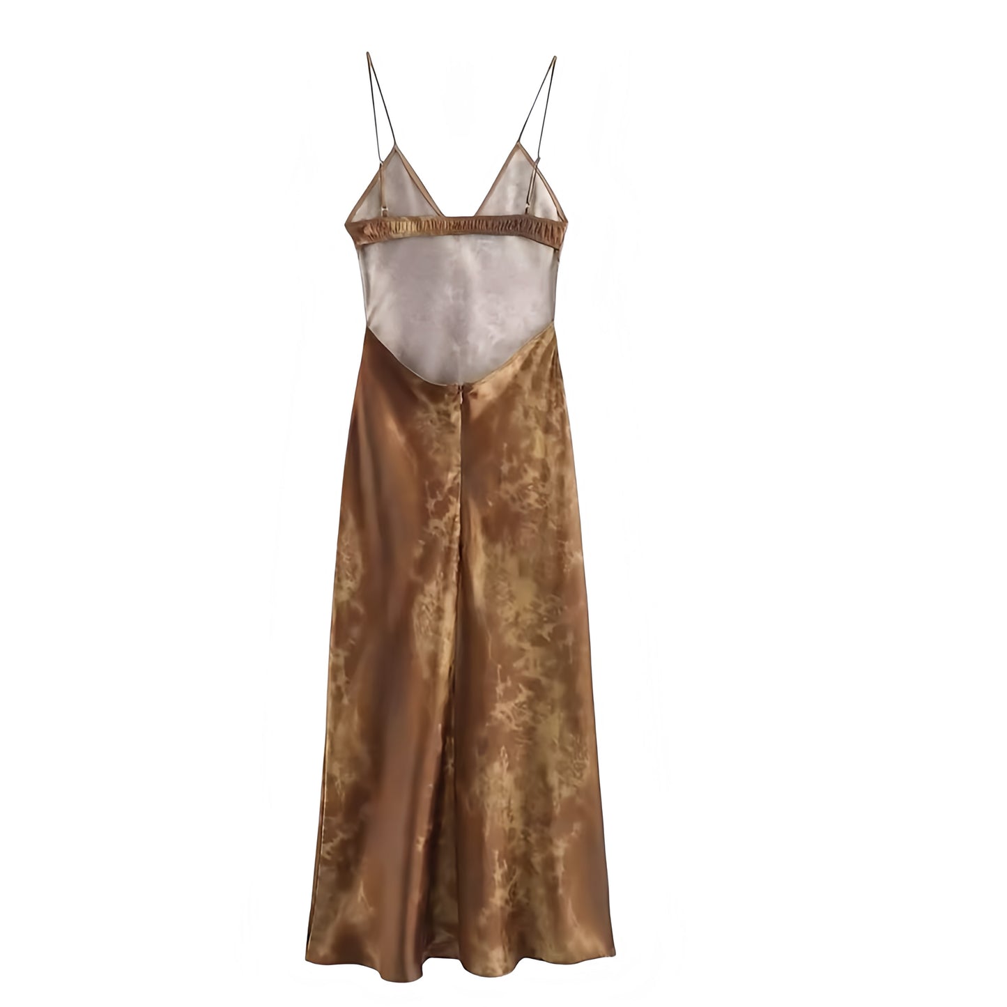 Hazel Tie-Dye Satin Bodycon V-Neck Spaghetti Strap Backless Maxi Slip Dress. Brown multicolor patterned tie-dye satin dress with slim fit silhouette, sexy bodycon cut, sleeveless spaghetti straps, deep V-neckline, and elegant maxi slip design. Perfect for women, ladies, and teens looking for chic feminine fashion for holidays, vacations, sorority rush, prom, hoco, homecoming, evening events, parties, night out, going out, and trendy resort wear. Ships worldwide to US, UK, Canada, Australia, Europe, Asia 