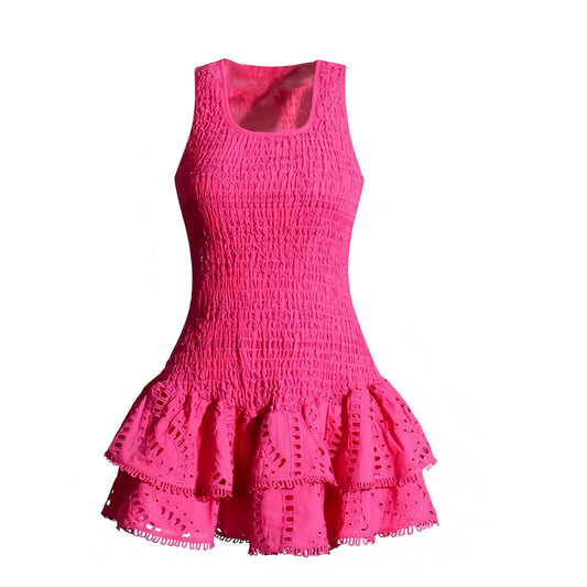 Hot pink eyelet embroidered layered ruffle smocked sleeveless mini dress with square neckline, scalloped crochet anglaise details, slim fit bodycon A-line silhouette, trendy boho chic Ibiza style sundress for women and teens. Perfect for Euro Summer, vacation, brunch, party, sorority rush, prom, homecoming, coastal granddaughter style, resort wear, Hamptons chic and beach club fashion. Ships globally worldwide to USA, Australia, UK, Canada, Germany, France, Spain, Italy, Denmark, Sweden, Switzerland, Europe