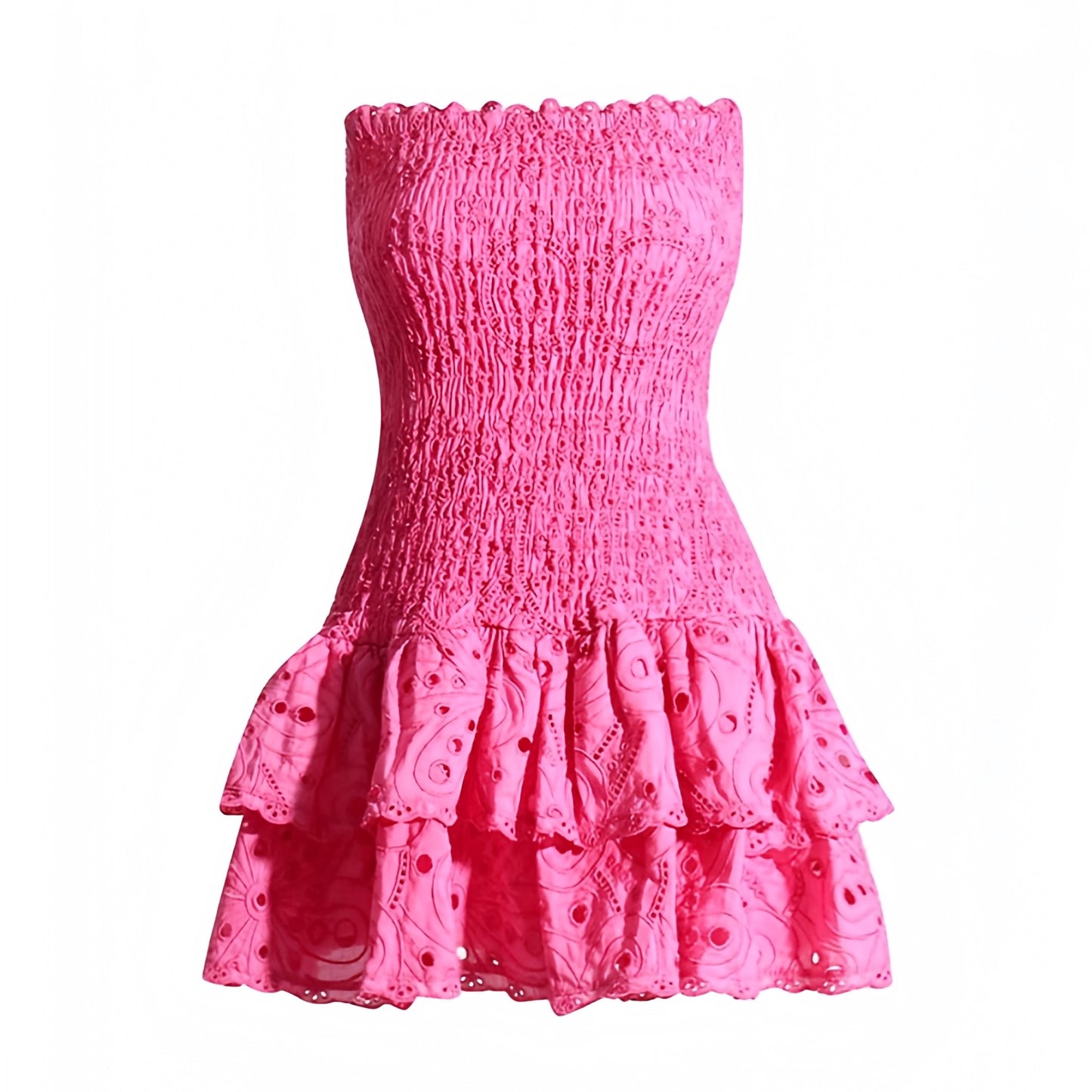 Hot pink bright pink magenta eyelet embroidered strapless smocked mini dress with layered ruffle trim and tiered flared skirt. Floral anglaise patterned detail with slim fit bodycon corset bustier silhouette, ruched shirred bodice and sweetheart neckline. Chic summer sundress for womens teens ladies perfect for party dress prom hoco homecoming graduation beach vacation ibiza style boho chic resort wear coastal aesthetic euro summer loveshackfancy dupe zimmermann dupe.

