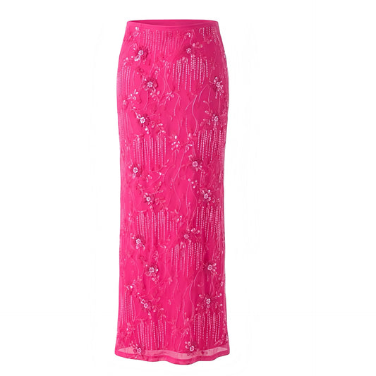 Hot pink floral beaded sequin embellished low-rise maxi skirt with magenta embroidered flower details, shimmering sequins, delicate beadwork, slim silhouette, sheer plisse pleats, and ruffled hemline. Long flowy low-waisted skirt for womens, teens, and ladies. Perfect for summer and fall 2025 feminine chic fashion, elegant trendy holiday wear, euro summer resort outfits, Ibiza boho chic style, high quality affordable evening parties, sexy night out looks, beachside vacations, concerts, raves, and festivals.