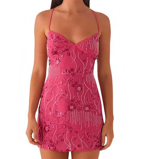 Hot pink floral beaded sequin embellished v-neck slim fit bodycon mini dress short slip sundress spaghetti strap sleeveless backless 3D flower patterned chic boho Ibiza style trendy rave concert festival sexy women teens it girl that girl euro summer 2025 with global shipping USA Canada UK Australia Europe Asia