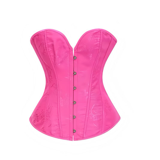 Hot pink satin lace-up strapless bustier corset top with sweetheart neckline, slim fit bodycon silhouette, and floral patterned satin detail. Sexy magenta pink crop tube top for women, teens, and ladies. Perfect for chic trendy outfits, evening looks, going out, party nights, club wear, rave, festival, concert, vintage retro Y2K fashion, coquette style, and Halloween adults princess costume or halloweekend 2025 outfits. Ships globally worldwide to US, Australia, New Zealand, UK, Canada, Germany, France.