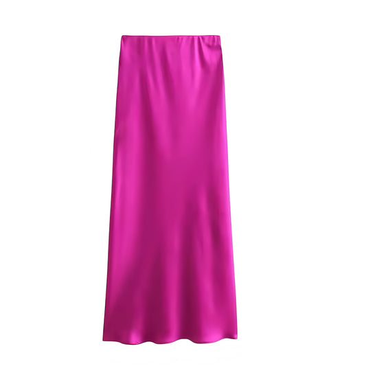 Hot pink satin low rise midi skirt for women and teens. Magenta satin silk slim fit bodycon a line silhouette slip sheath pencil plisse flowy midi maxi skirt. Elegant chic trendy feminine Y2K summer fall fashion. Perfect for holiday vacation casual everyday sorority rush school rave sexy club wear Ibiza style boho chic Euro summer party festival concert evening night out beach outfit. Ships globally worldwide to USA, UK, Canada, Australia, New Zealand, Germany, France, Ireland, Denmark, Sweden, Europe 