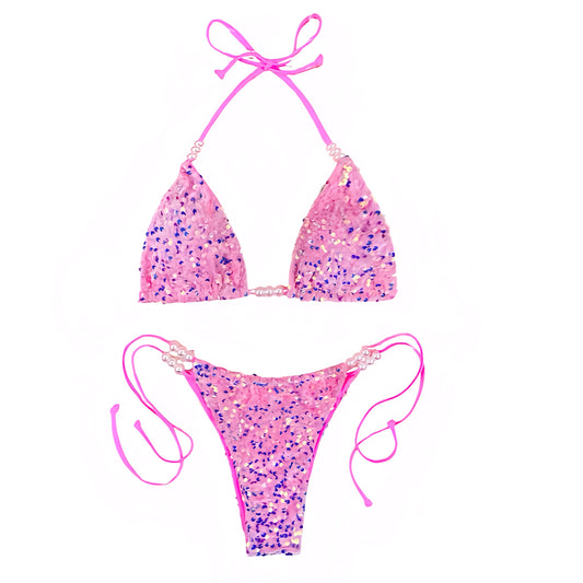 Hot pink bright pink magenta pink sequin embellished beaded pearl bead triangle string bikini set with spaghetti strap 2 piece matching swimwear. Sparkly glittery shimmery bikini in slim fit skinny fit wireless wire free halter tie neck v neck backless thong string design. Chic beach vacation swimwear for womens teens ladies perfect euro summer Ibiza style rave festival outfit disco party beach club resort wear mermaidcore tropicalcore Florida aesthetic y2k fashion hot girl summer.

