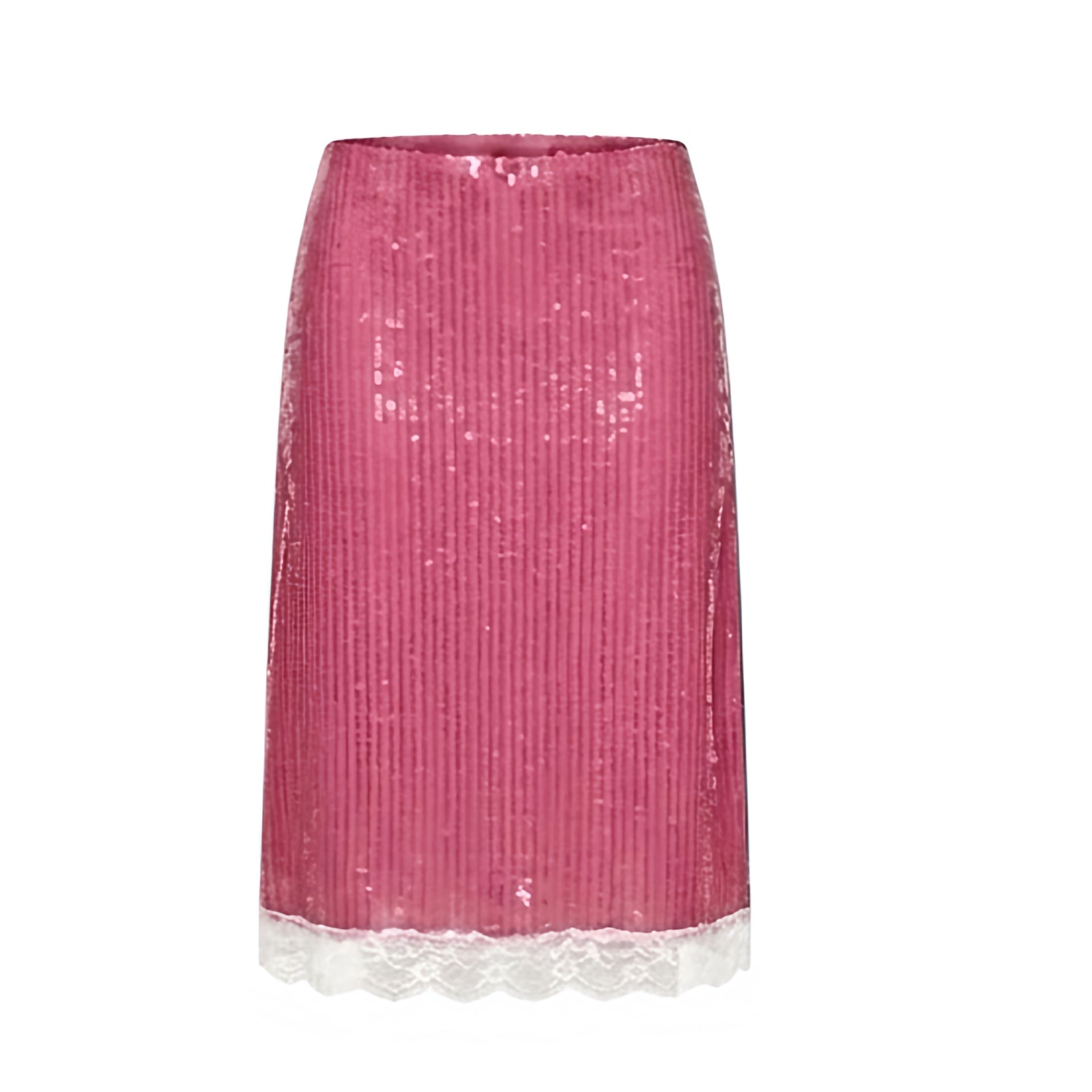 Hot pink sequin embellished lace trim slim fit low-rise midi skirt with dark pink and magenta pink tones, white floral lace trim, sparkly sequined beaded shimmery glittery finish, bodycon skinny fit silhouette and low-waisted design. Y2K coquette, dollette, soft girl, party, disco, rave, festival, Ibiza, mermaidcore, tropicalcore, boho chic, beach vacation and baddie outfit.

