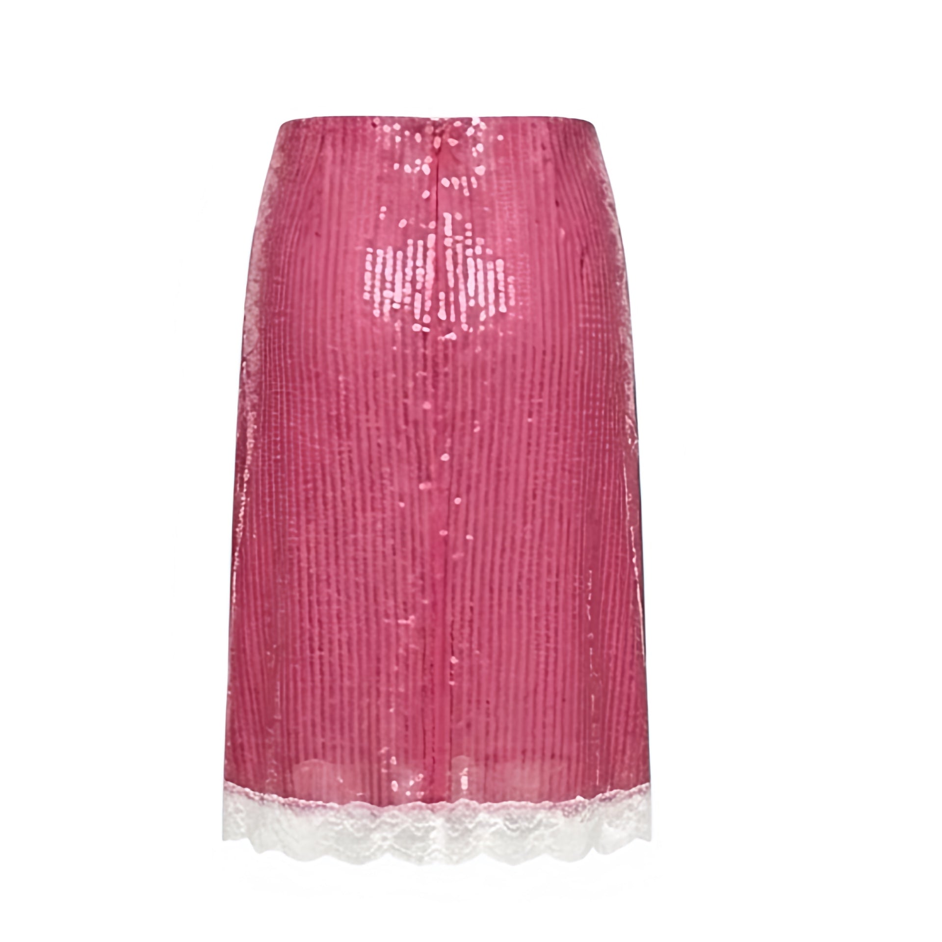 Hot pink sequin embellished lace trim slim fit low-rise midi skirt with dark pink and magenta pink tones, white floral lace trim, sparkly sequined beaded shimmery glittery finish, bodycon skinny fit silhouette and low-waisted design. Y2K coquette, dollette, soft girl, party, disco, rave, festival, Ibiza, mermaidcore, tropicalcore, boho chic, beach vacation and baddie outfit.

