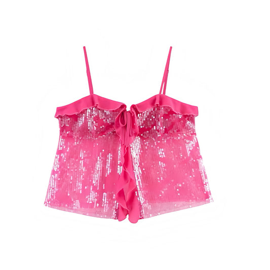 Hot pink sequin embellished slim fit ruffle trim sweetheart neckline spaghetti strap sleeveless backless crop tank top blouse for women teens chic boho Ibiza style Y2K sexy it girl that girl trendy summer vacation rave concert festival party club fashion 2025 with worldwide global shipping USA Canada UK Europe Asia Australia