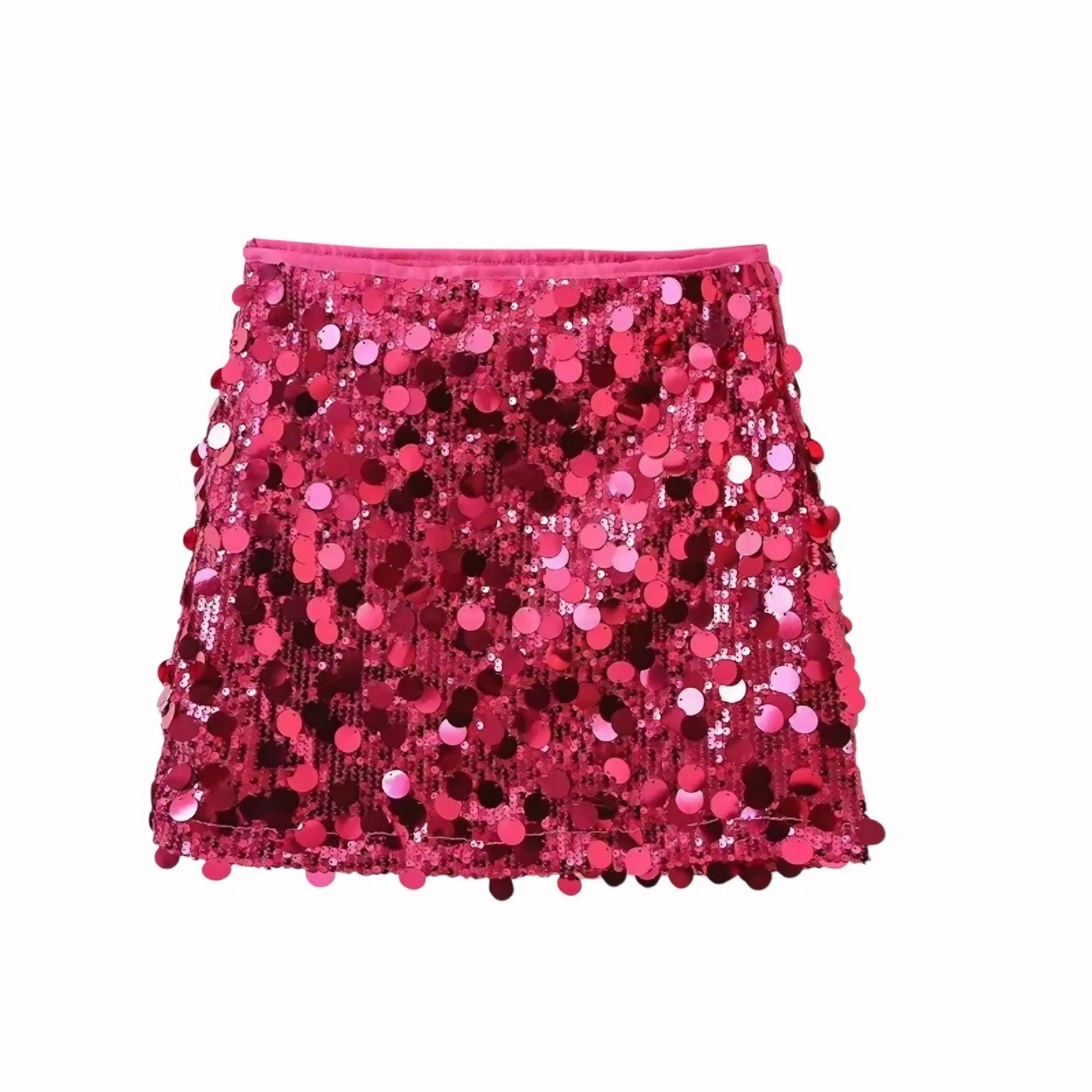 Hot pink sequin embellished slim fit low-rise mini skirt, sparkly pencil/sheath; fun sexy chic Y2K it-girl that-girl Ibiza style festival party club rave concert Euro summer vacation boho trendy 2025 for women/teens. Ships worldwide to US, UK, EU, AU, Canada & more.