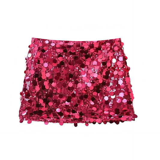 Hot pink sequin embellished slim fit low-rise mini skirt, sparkly pencil/sheath; fun sexy chic Y2K it-girl that-girl Ibiza style festival party club rave concert Euro summer vacation boho trendy 2025 for women/teens. Ships worldwide to US, UK, EU, AU, Canada & more.
