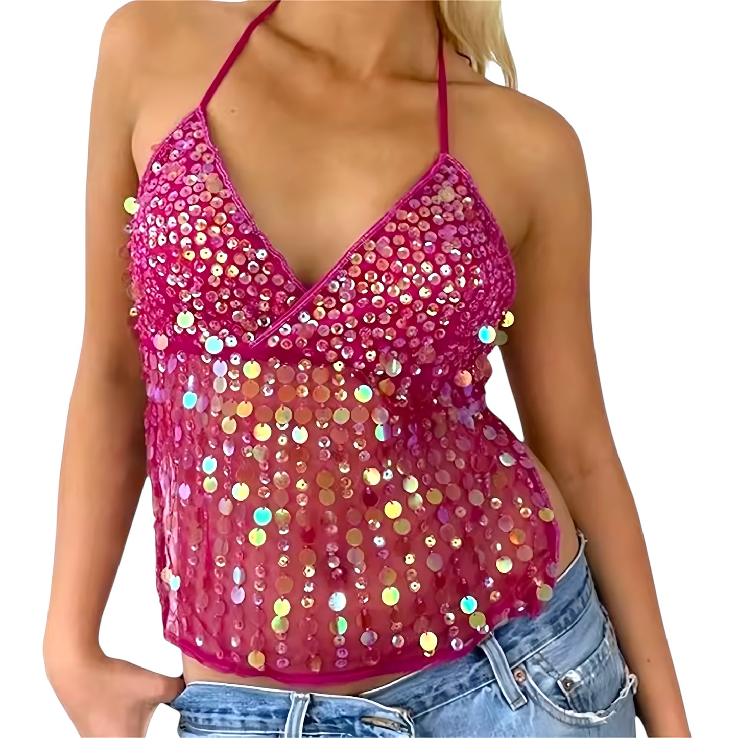 Hot pink sequin embellished v-neck backless halter crop tank top for women teens slim fit sexy chic boho mermaid core it girl that girl Y2K euro summer Ibiza style sleeveless bodycon party clubwear festival rave chic trendy vacation 2025 fashion worldwide shipping USA Canada UK Australia Europe Asia