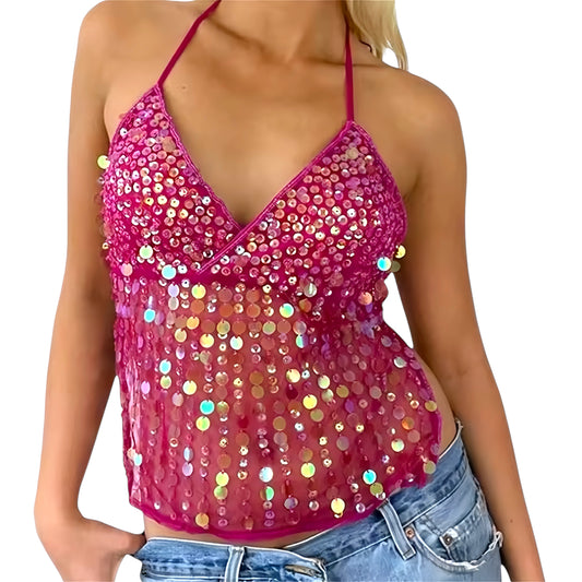 Hot pink sequin embellished v-neck backless halter crop tank top for women teens slim fit sexy chic boho mermaid core it girl that girl Y2K euro summer Ibiza style sleeveless bodycon party clubwear festival rave chic trendy vacation 2025 fashion worldwide shipping USA Canada UK Australia Europe Asia