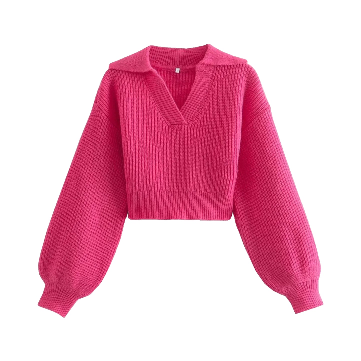 Hot Pink V-Neck Oversized Knit Cropped Long Sleeve Pullover Sweater for women and teens. Soft, cozy, warm, chunky ribbed knitwear with a relaxed oversized fit and cropped length. Bright pink and magenta knit jumper perfect for fall, winter, and holiday outfits. Feminine, trendy, and elegant Scandinavian-inspired knitwear. Ships globally and worldwide to US, UK, Canada, Australia, Europe, Asia, and more.