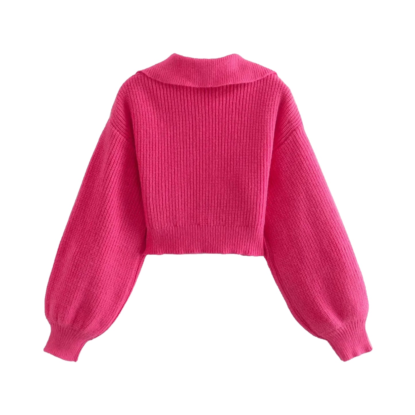 Hot Pink V-Neck Oversized Knit Cropped Long Sleeve Pullover Sweater for women and teens. Soft, cozy, warm, chunky ribbed knitwear with a relaxed oversized fit and cropped length. Bright pink and magenta knit jumper perfect for fall, winter, and holiday outfits. Feminine, trendy, and elegant Scandinavian-inspired knitwear. Ships globally and worldwide to US, UK, Canada, Australia, Europe, Asia, and more.