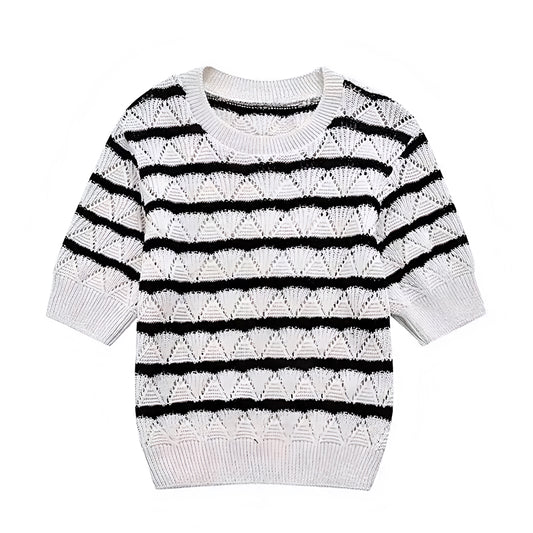Black & White Striped Knit Crochet Short Sleeve Top