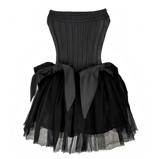 black-bow-satin-silk-corset-lace-up-bustier-fitted-drop-waist-layered-ruffle-mesh-bouffant-strapless-sleeveless-little-mini-dress-couture-evening-gown-women-ladies-chic-trendy-spring-2024-summer-elegant-semi-formal-classy-feminine-coquette-prom-gala-cocktail-party-date-night-out-sexy-sundress-parisian-style-zara-revolve-house-of-cb-reformation