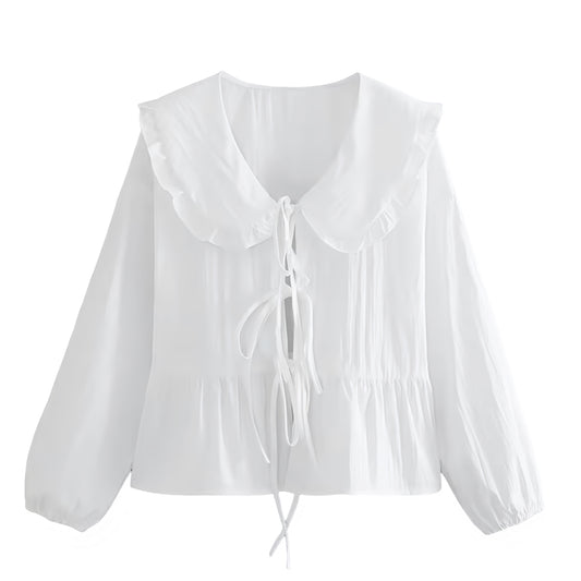 White Ruffle Trim Bow Lace Up Long Sleeve Camisole Blouse Top