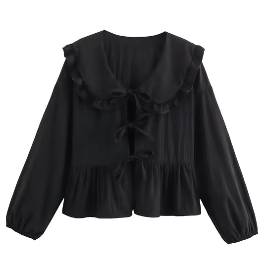 Black Ruffle Trim Bow Lace Up Long Sleeve Camisole Blouse Top