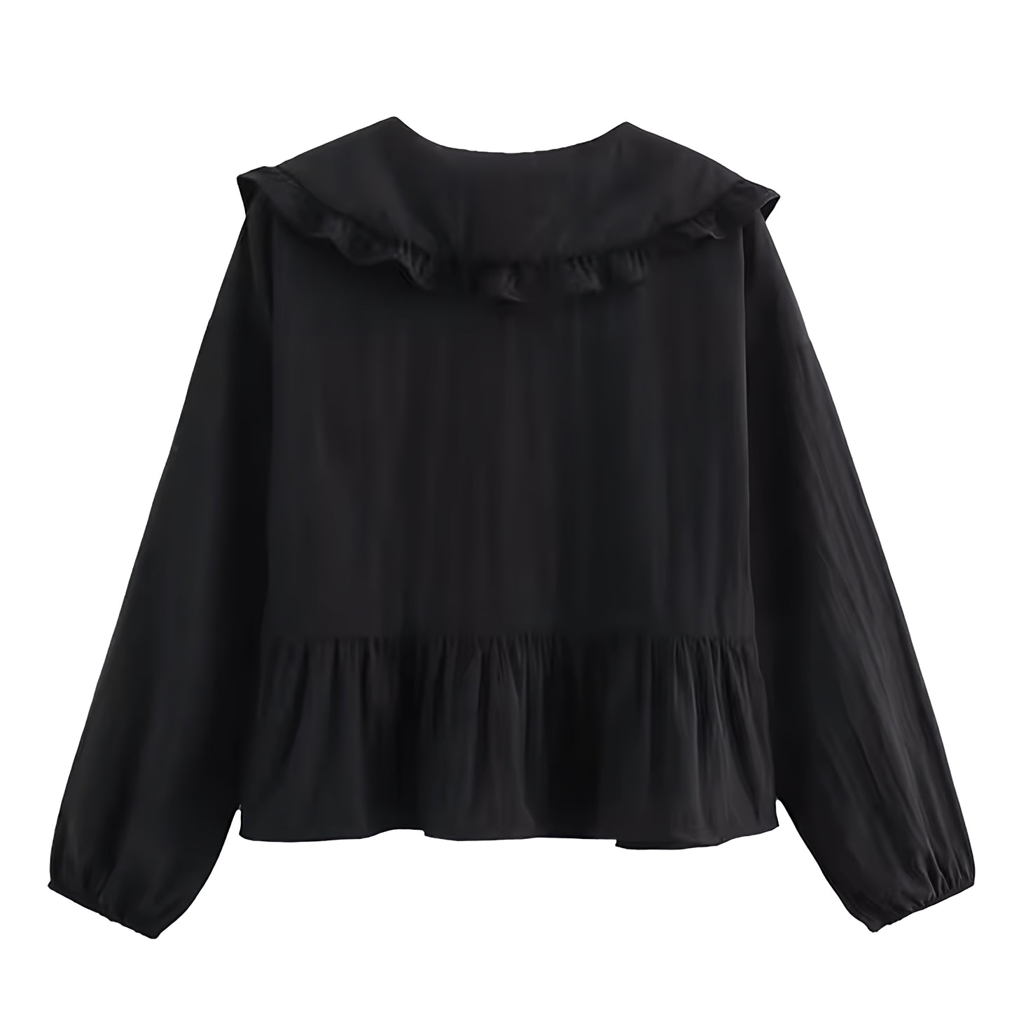 Black Ruffle Trim Bow Lace Up Long Sleeve Camisole Blouse Top