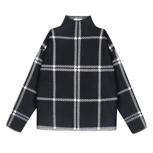 Black Plaid Turtleneck Knit Oversized Sweater