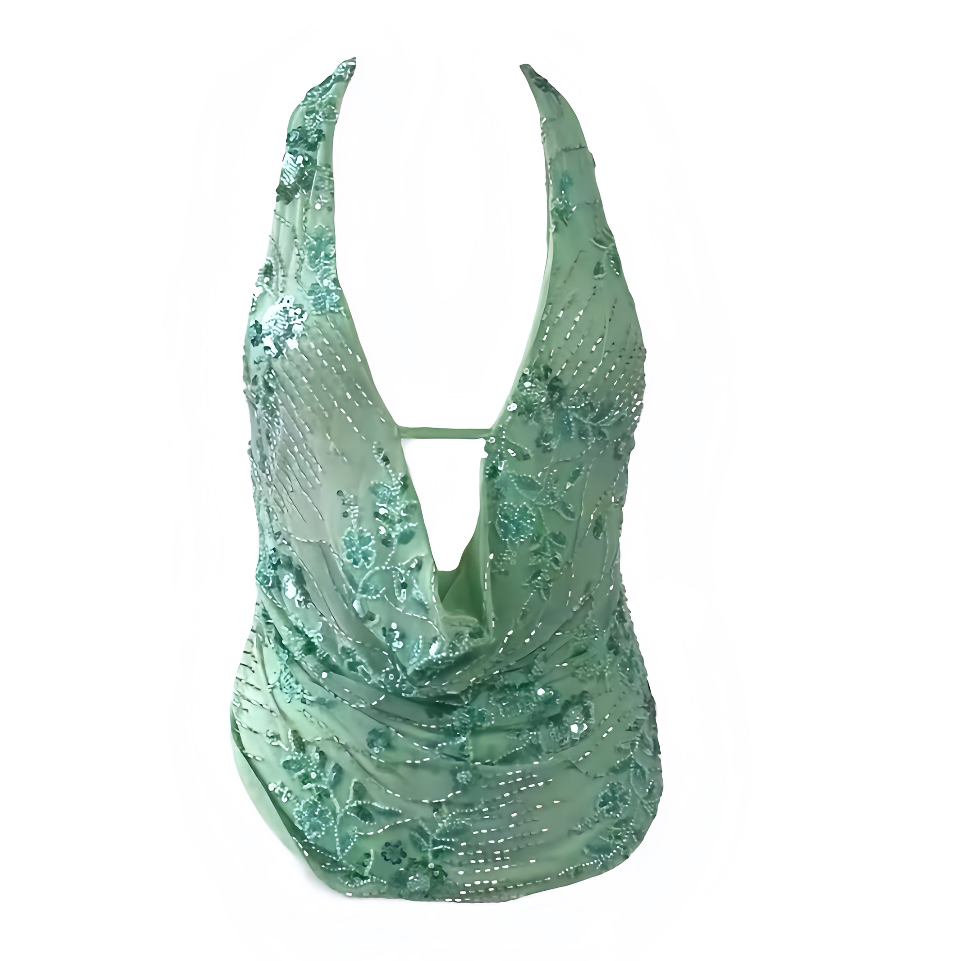 Green floral sequin embellished beaded 3D flower patterned slim fit v-neck halter sleeveless backless cowl neck ruched tank top chic boho gypsy Ibiza style sexy trendy 2025 women teens it girl that girl summer vacation rave festival party club fashion with worldwide shipping USA Canada UK Europe Asia Australia