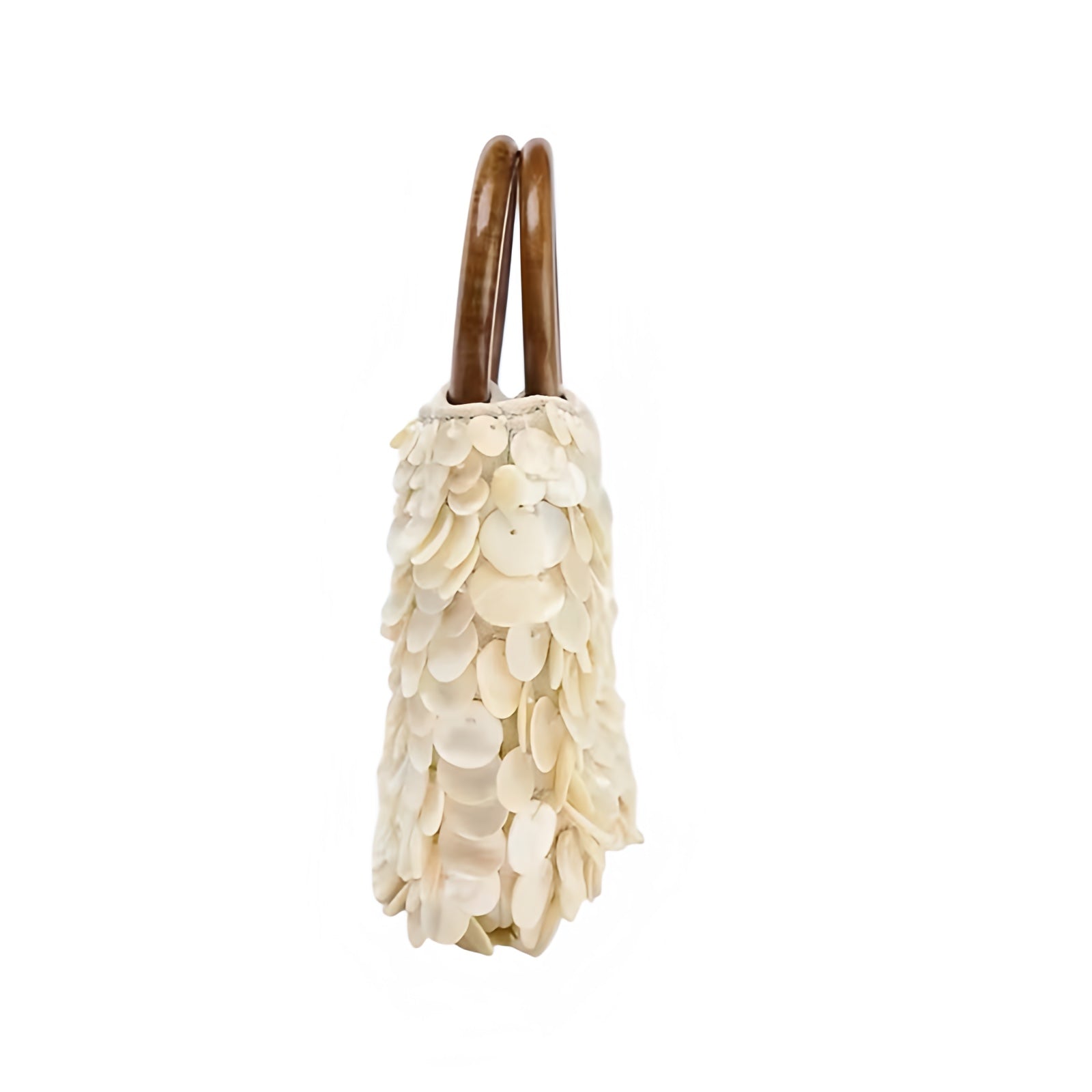 Ivory white seashell embellished beaded clutch purse, cream white beige metallic shiny shell handbag with wood handle, handmade crochet embroidered boho chic diagonal half moon tote crossbody bag, elegant trendy women’s purse perfect for Ibiza style, beach club, resort wear, euro summer coastal vacation fashion 2025, bohemian chic party style accessory shipped internationally to USA, Canada, UK, Australia, France, Germany, Spain, Italy, Denmark, Asia.