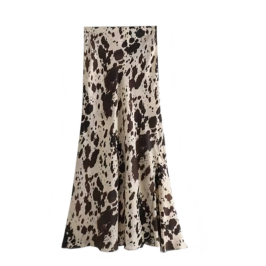 Ivory white satin tie dye patterned low rise maxi skirt for women and teens. Multicolor spotted animal cow print design. Slim fit bodycon a line silhouette slip sheath pencil plisse flowy midi maxi skirt. Elegant chic trendy feminine Y2K summer fall fashion. Perfect for holiday vacation casual everyday sorority rush school rave sexy club wear Ibiza style boho chic Euro summer evening party beach festival concert night out outfit. Ships globally worldwide to USA, UK, Canada, Australia, New Zealand, Europe 