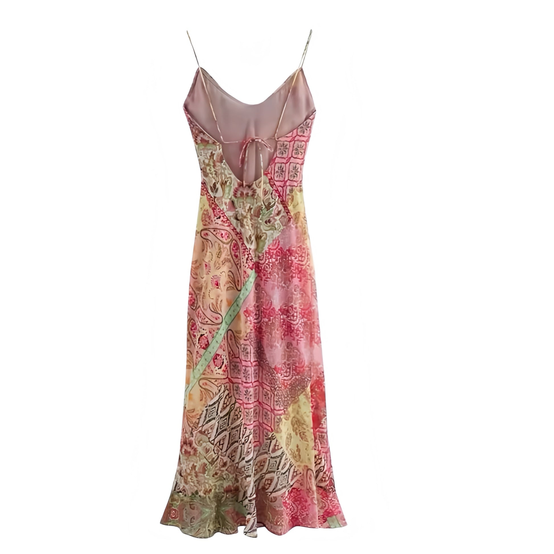 Izabella multicolor patchwork patterned bodycon maxi slip dress in pink, yellow, floral print, geometric slim fit silhouette with sleeveless spaghetti straps, scoop cowl neckline, draped cowl neck, backless design. Chic trendy boho chic Ibiza style Euro summer sundress for women & teens. Perfect for festivals, parties, prom, hoco, evening, going out, sexy summer vacation 2025 fashion. Ships worldwide to USA, UK, Canada, Australia, New Zealand, Europe, Asia.