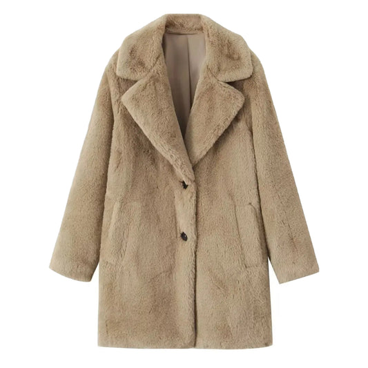 Khaki brown faux fur oversized long sleeve trench coat jacket for women and teens, satin lined fuzzy soft cozy warm thick full length luxury fur coat with collared v-neck split neck, elegant feminine trendy Y2K chic fashionable outerwear for fall autumn winter 2025, Scandinavian Copenhagen streetwear and old money style ski outfit après ski snow trip city look, with global worldwide shipping to US UK Canada Australia Europe and Asia.