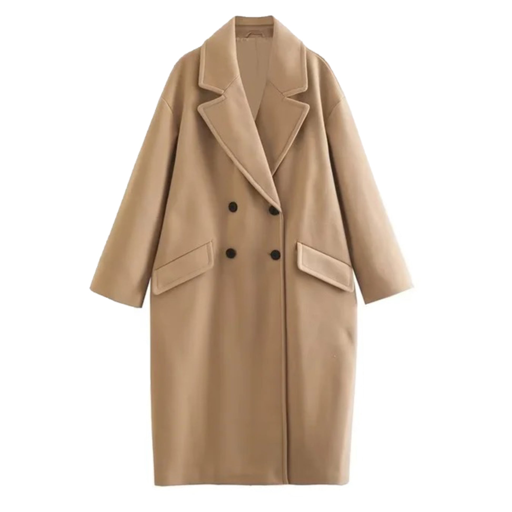 Khaki brown woolen oversized trench coat for women with double breasted black buttons, wide lapel collar, relaxed tailored silhouette, long sleeves, front welt pockets, soft insulated wool blend fabric, cozy warm fall and winter coat, minimalist neutral fashion outerwear, elegant Scandinavian street style jacket for womens everyday or travel outfits, ships globally to US, UK, Canada, Australia, Europe, Asia.